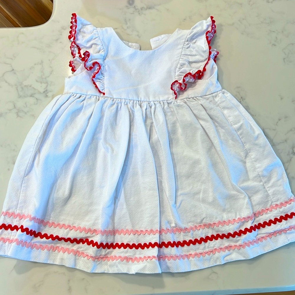 Bella Bliss girls white flutter sleeve dress with pink and red ric rac